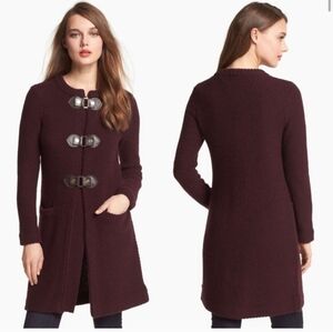 Tory Burch Wool Sweater Coat Size XSmall Knit Plum Burgundy Cardigan Gold Button